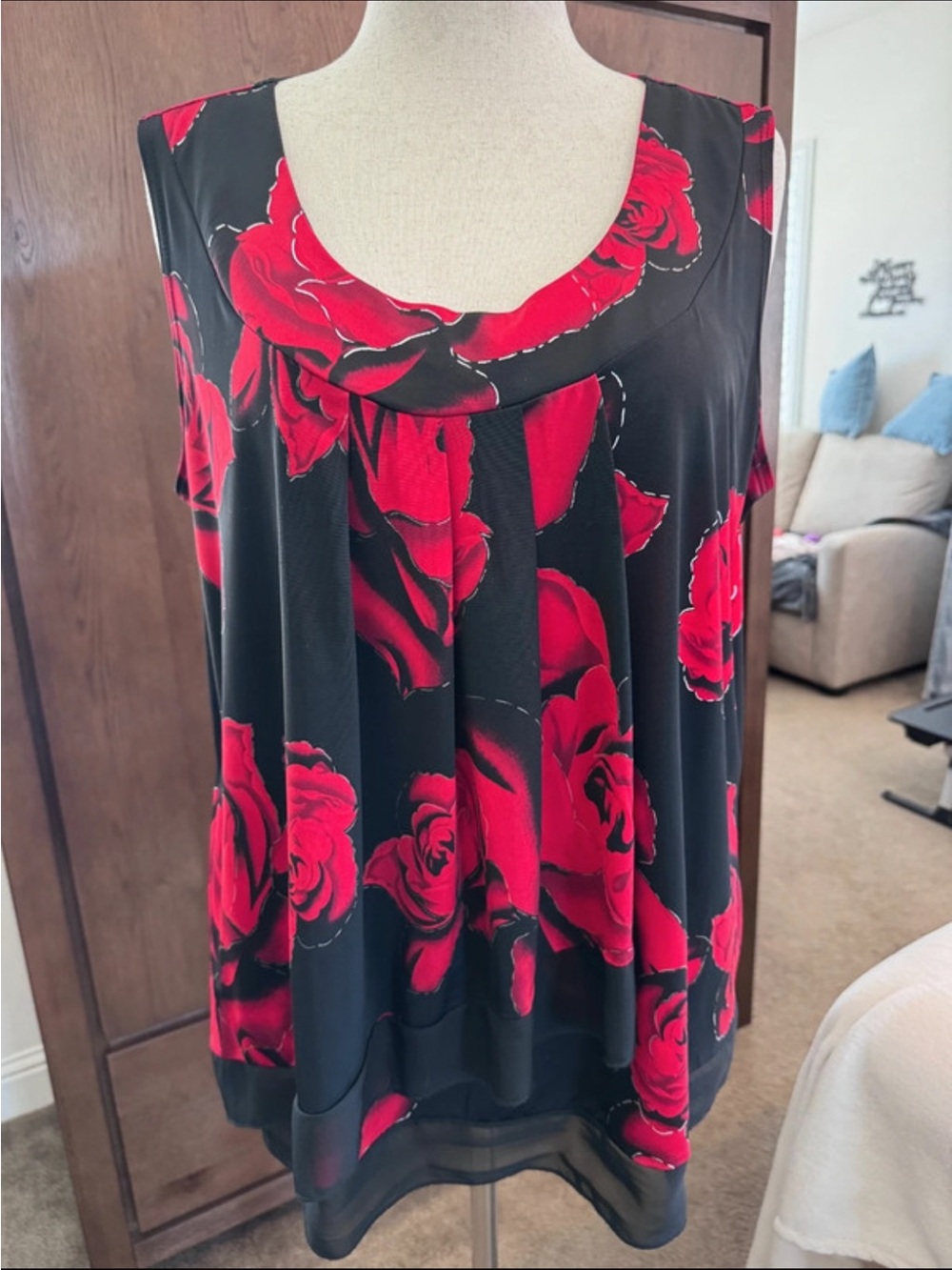 Dress Barn Black Sleeveless Top with Red Rose Print